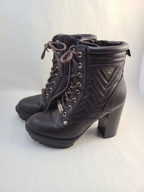 Guess Heeled Combat Boots 5.5 Brown Lace Up Ankle Boot Lug Sole Gold Hardware
